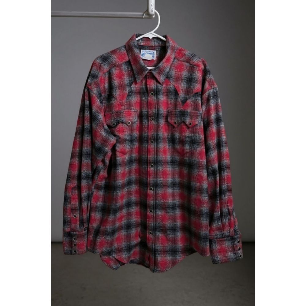 Rockmount Ranch Wear Western Flannel Snap Shirt XL 647 Red Grey Plaid Pearl Snap